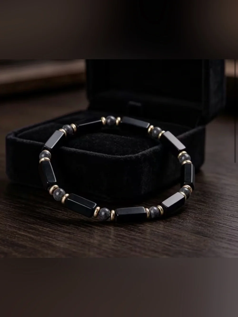 Black Onyx Beaded Bracelet with Gold Accents - Unisex - New